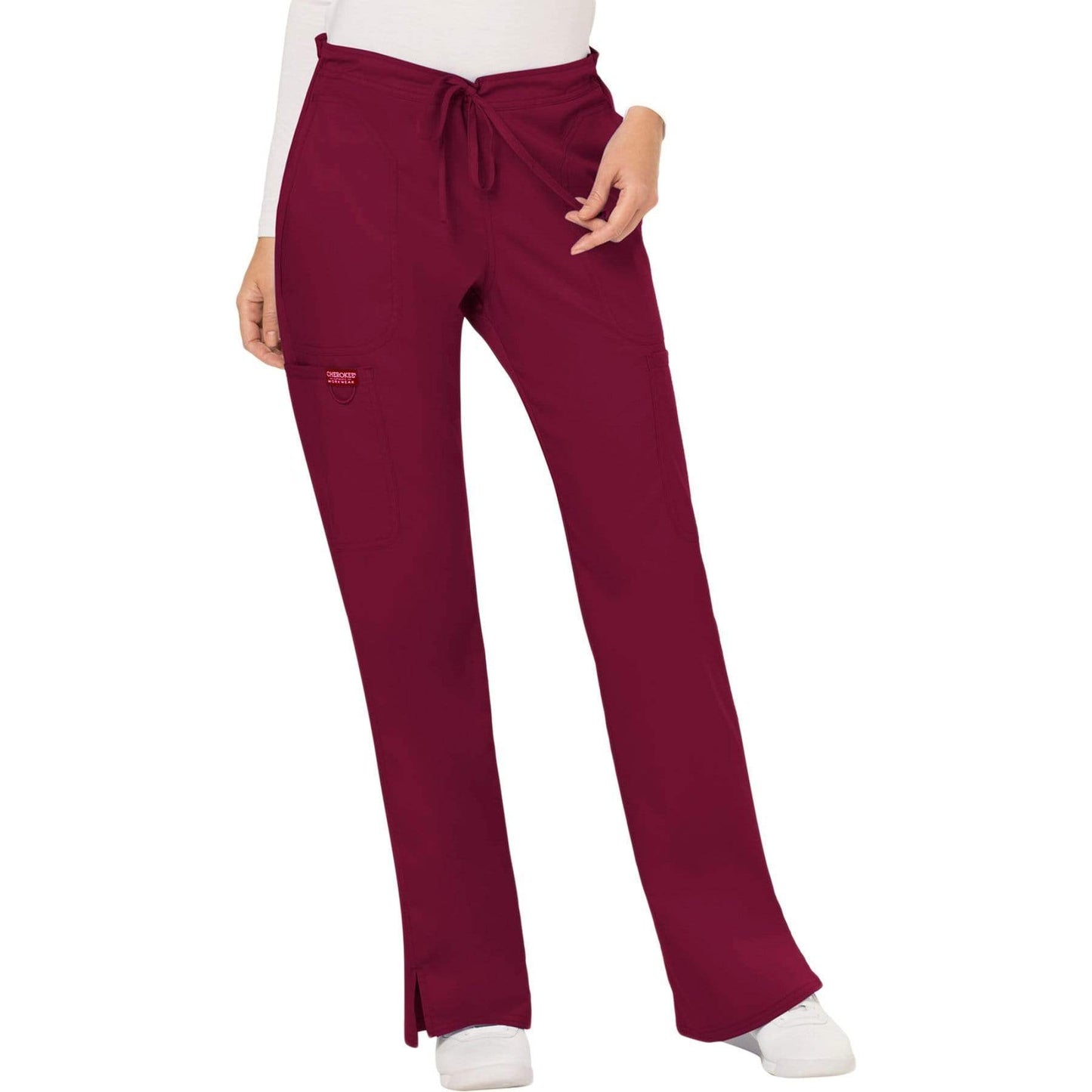 Cherokee Revolution WW120 Scrubs Pants Women's Mid Rise Moderate Flare Drawstring Wine