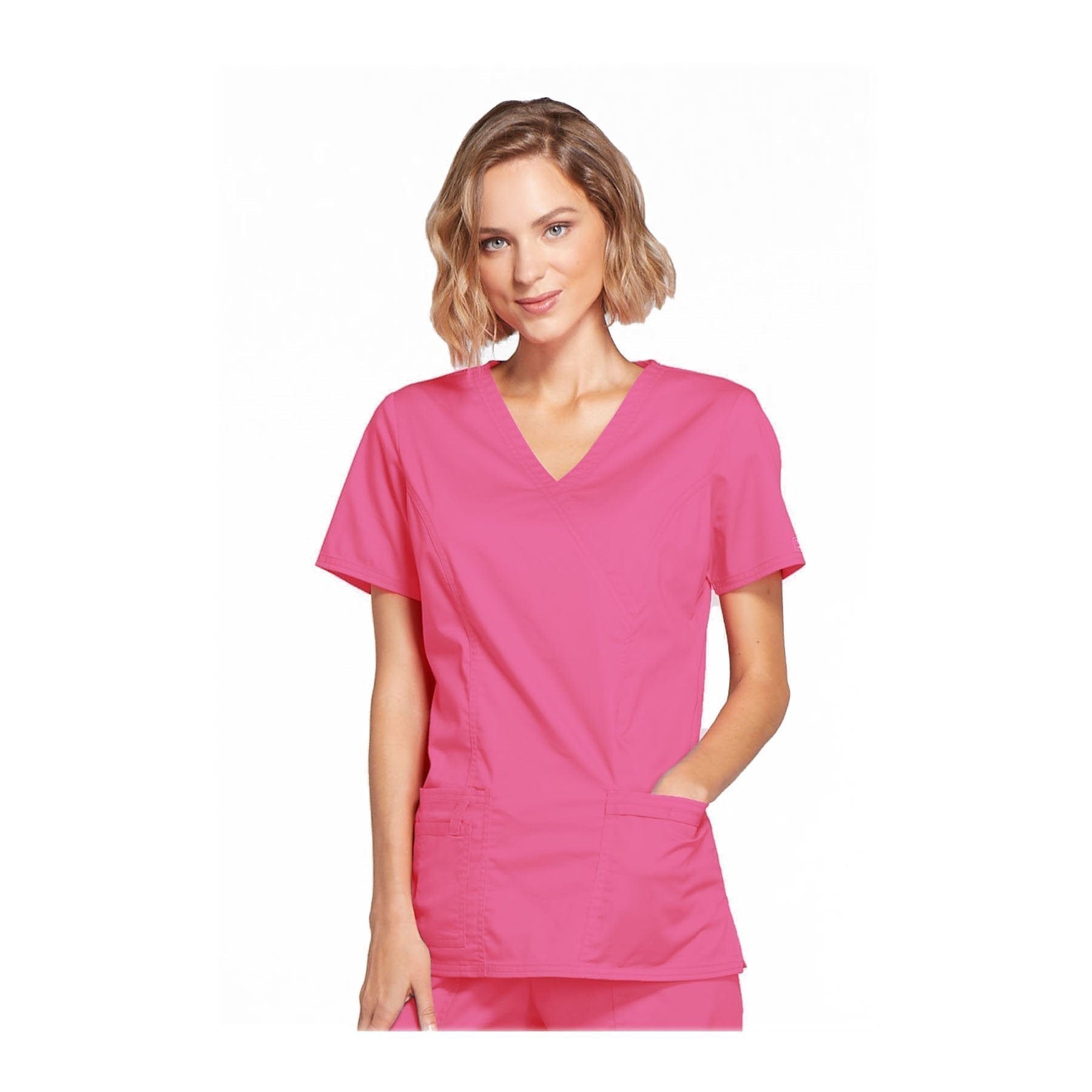 Cherokee Top S Cherokee Workwear Top WW Core Stretch Mock Wrap Top Shocking Pink