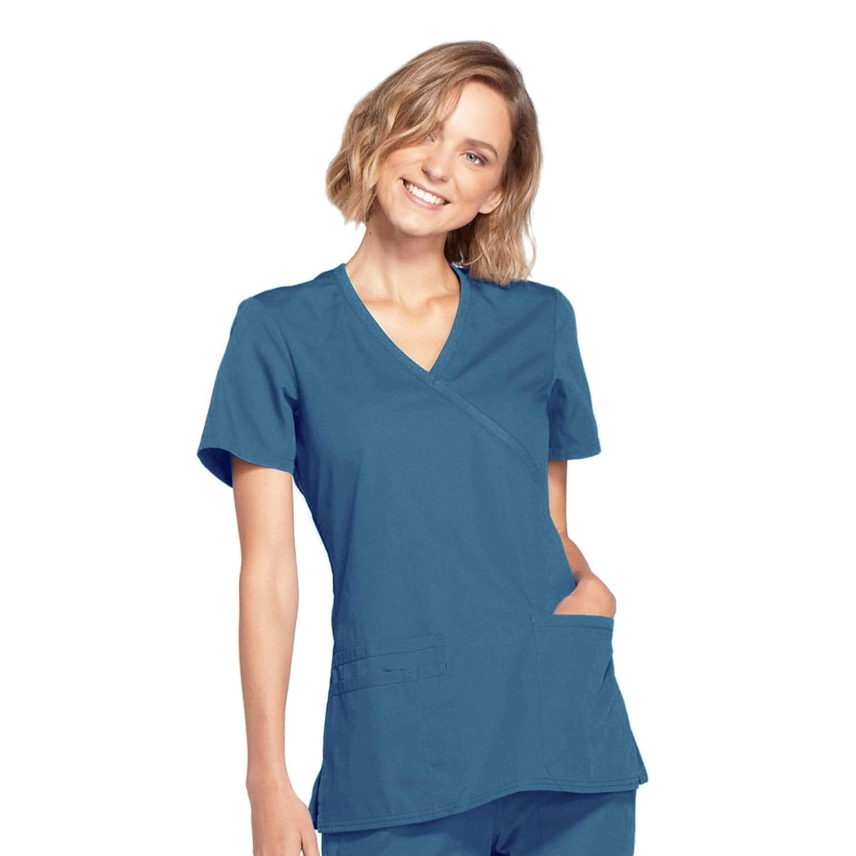 Cherokee Workwear Women's Mock Wrap Scrub Top Caribbean Blue WW650