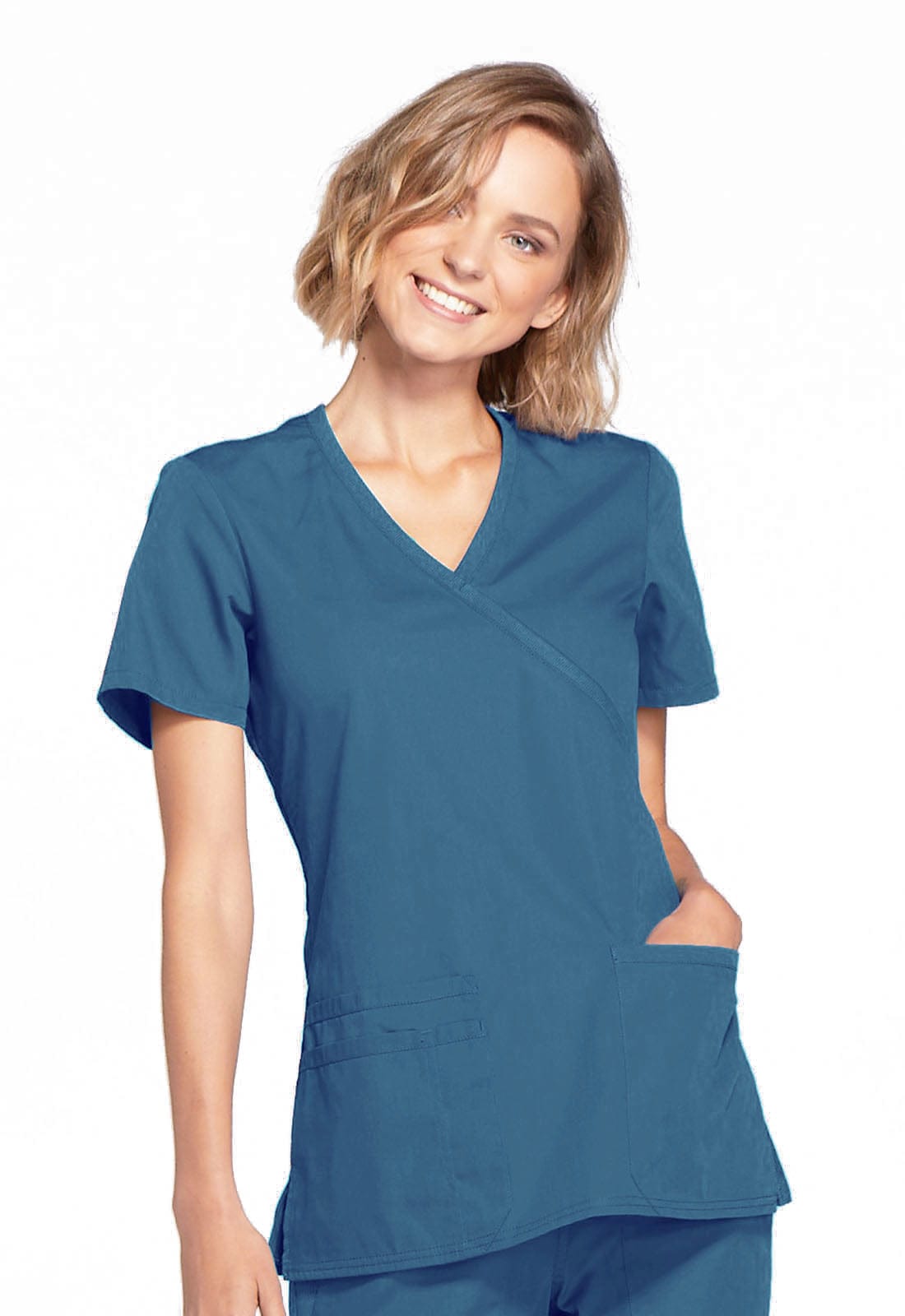Cherokee Workwear Women's Mock Wrap Scrub Top Caribbean Blue WW650