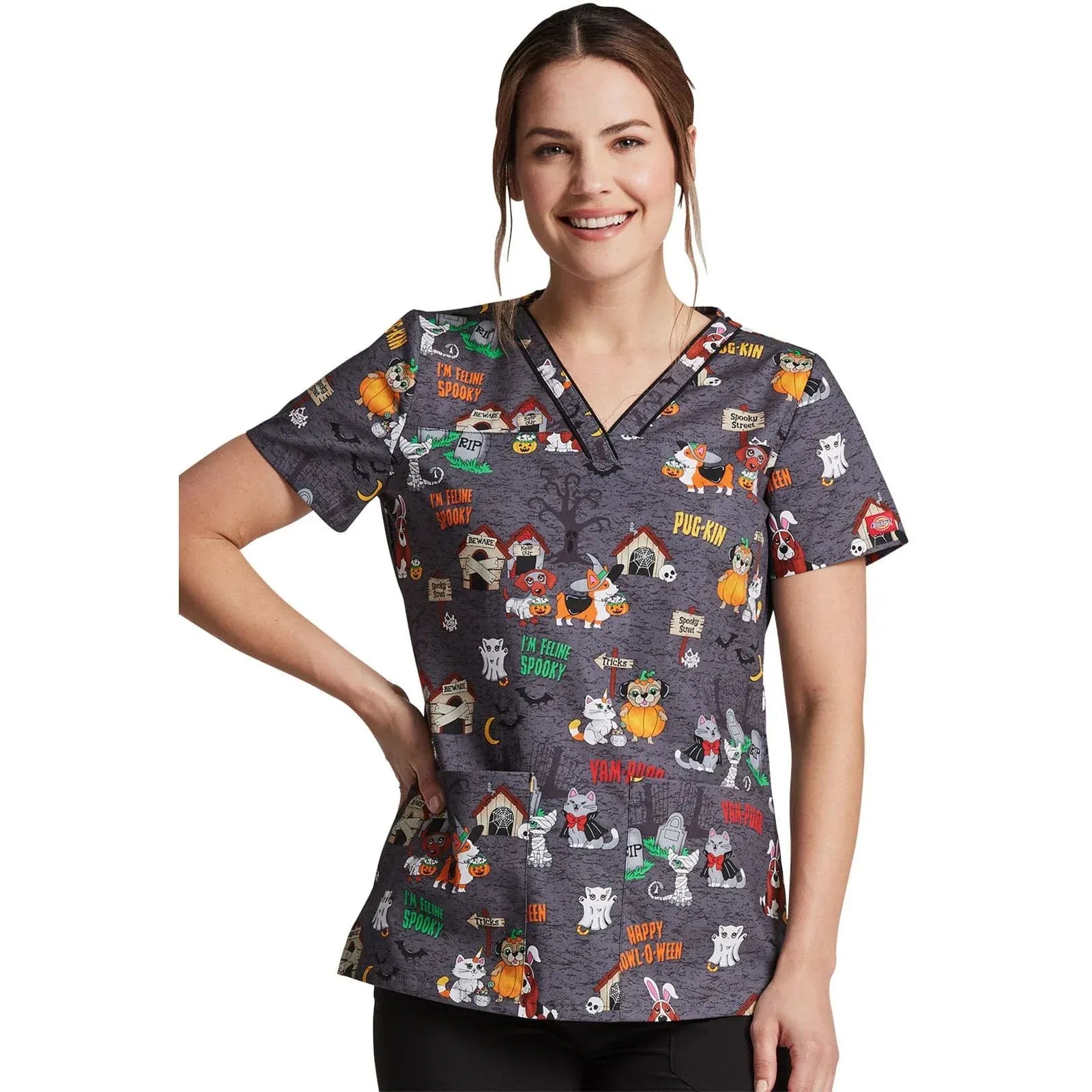 Dickies Scrubs Top L Dickies V-Neck Top in Howl-oween Friends