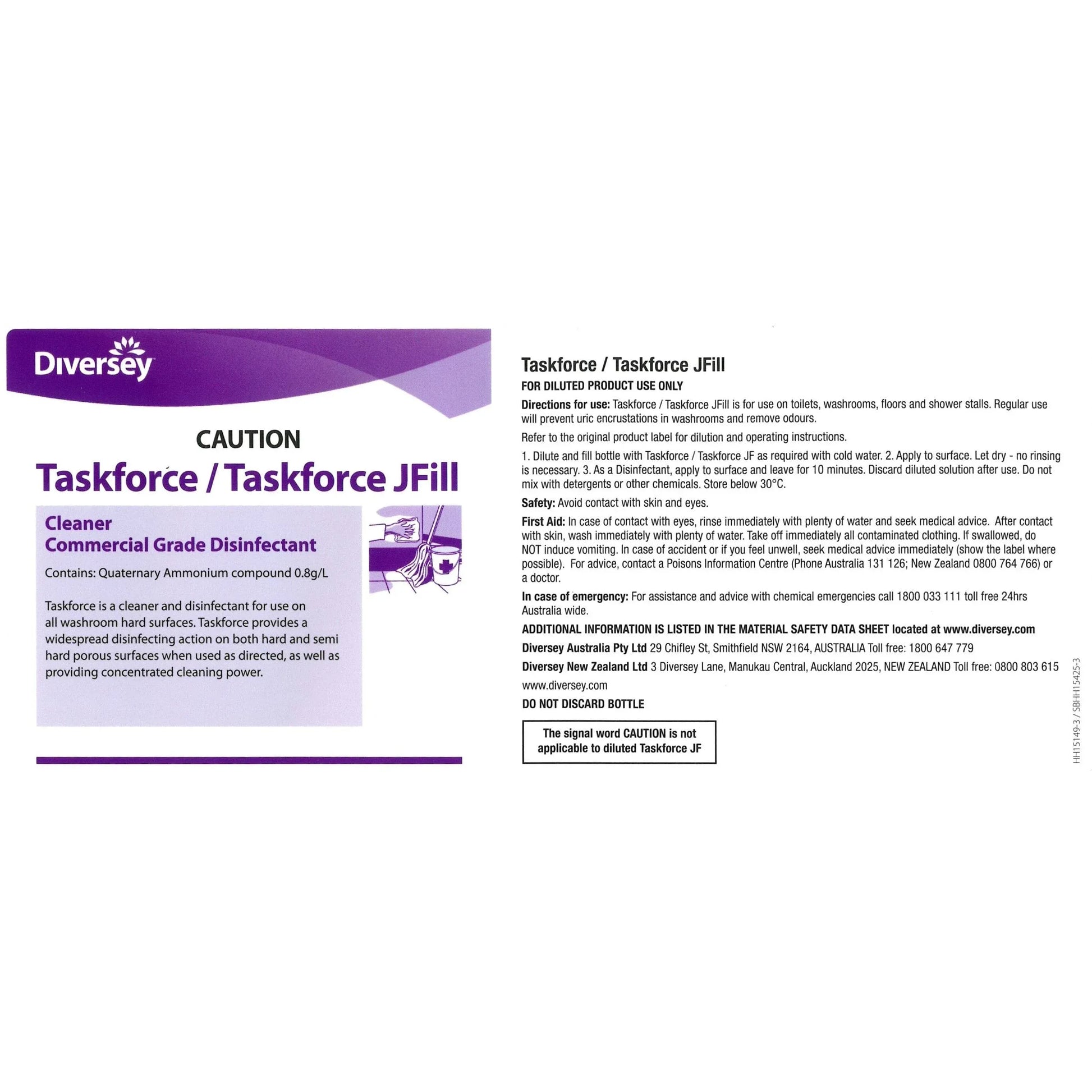 Diversey Cleaning & Washroom Supplies Carton of 2 Diversey Taskforce Jf Cleaner Disinfectant H/D 2.5L