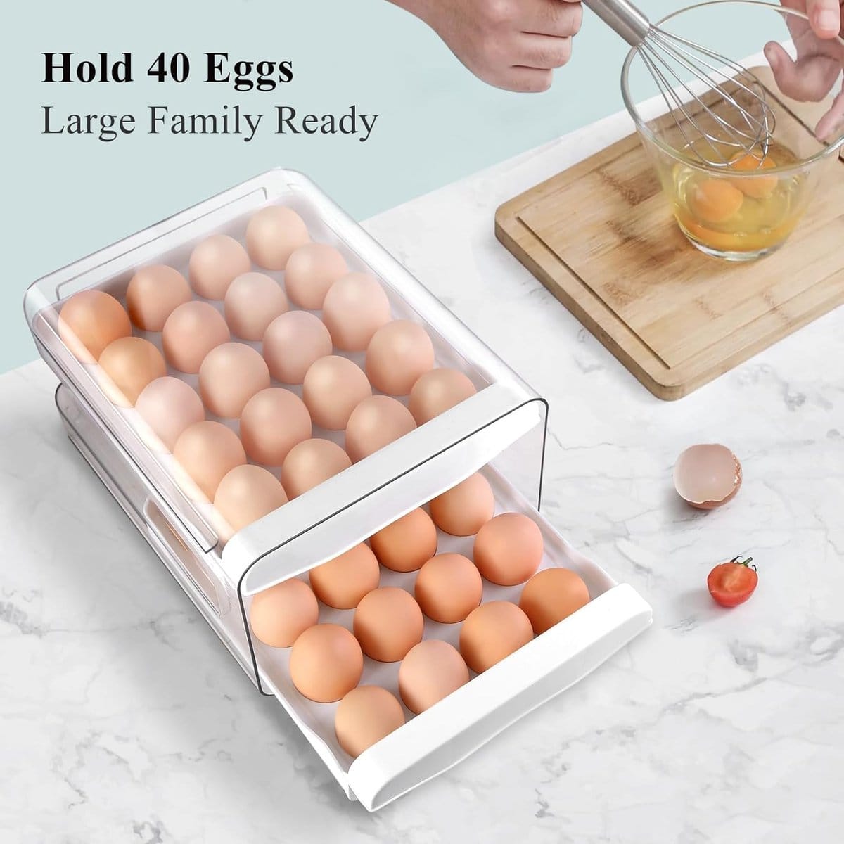 Egg carton - Egg storage box - Kitchen storage box - Double-layered, stackable - Suitable for 40 eggs - Transparent plastic egg holder - 28*22*12 cm - White