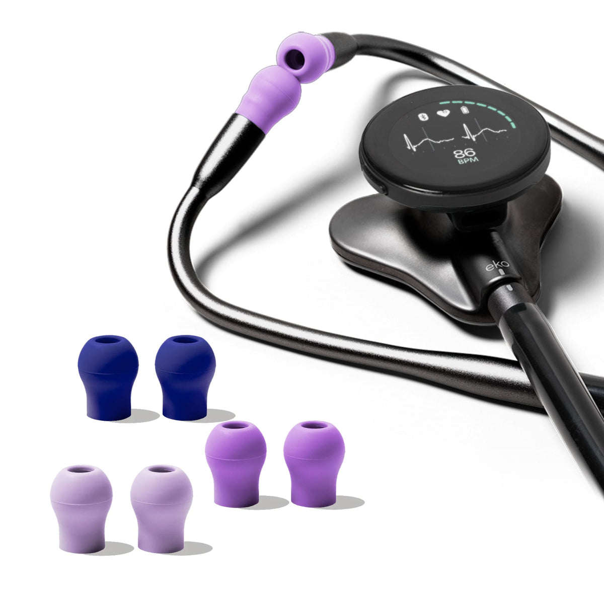 Eko CORE 500 Ear Tips – Bloom Collection fitted to a black Eko CORE 500 Digital Stethoscope