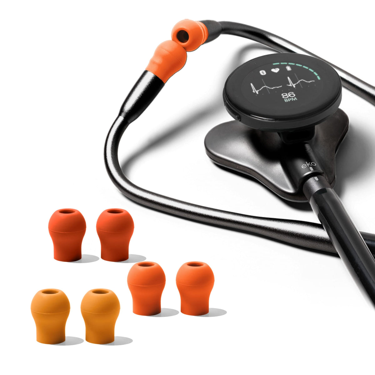 Eko CORE 500 Ear Tips – Citrus Collection fitted to a black Eko CORE 500 Digital Stethoscope