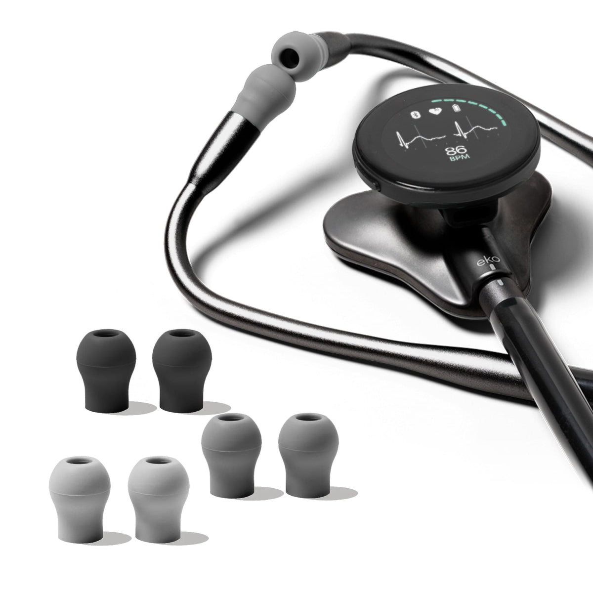 Eko CORE 500 Ear Tips – Galaxy Collection fitted to a black Eko CORE 500 Digital Stethoscope