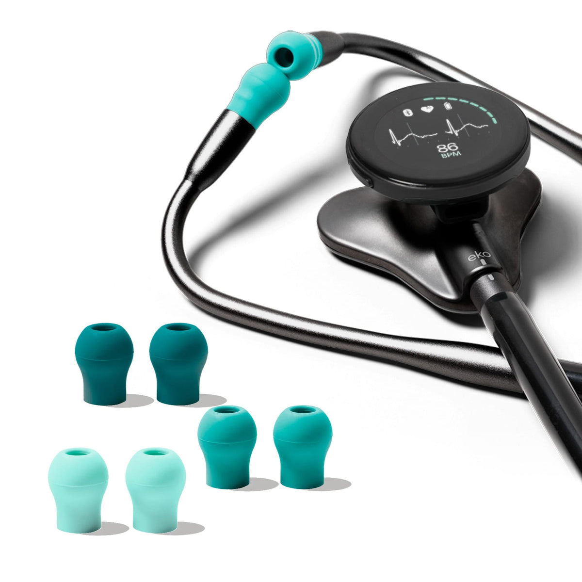 Eko CORE 500 Ear Tips – Rainforest Collection fitted to a black Eko CORE 500 Digital Stethoscope