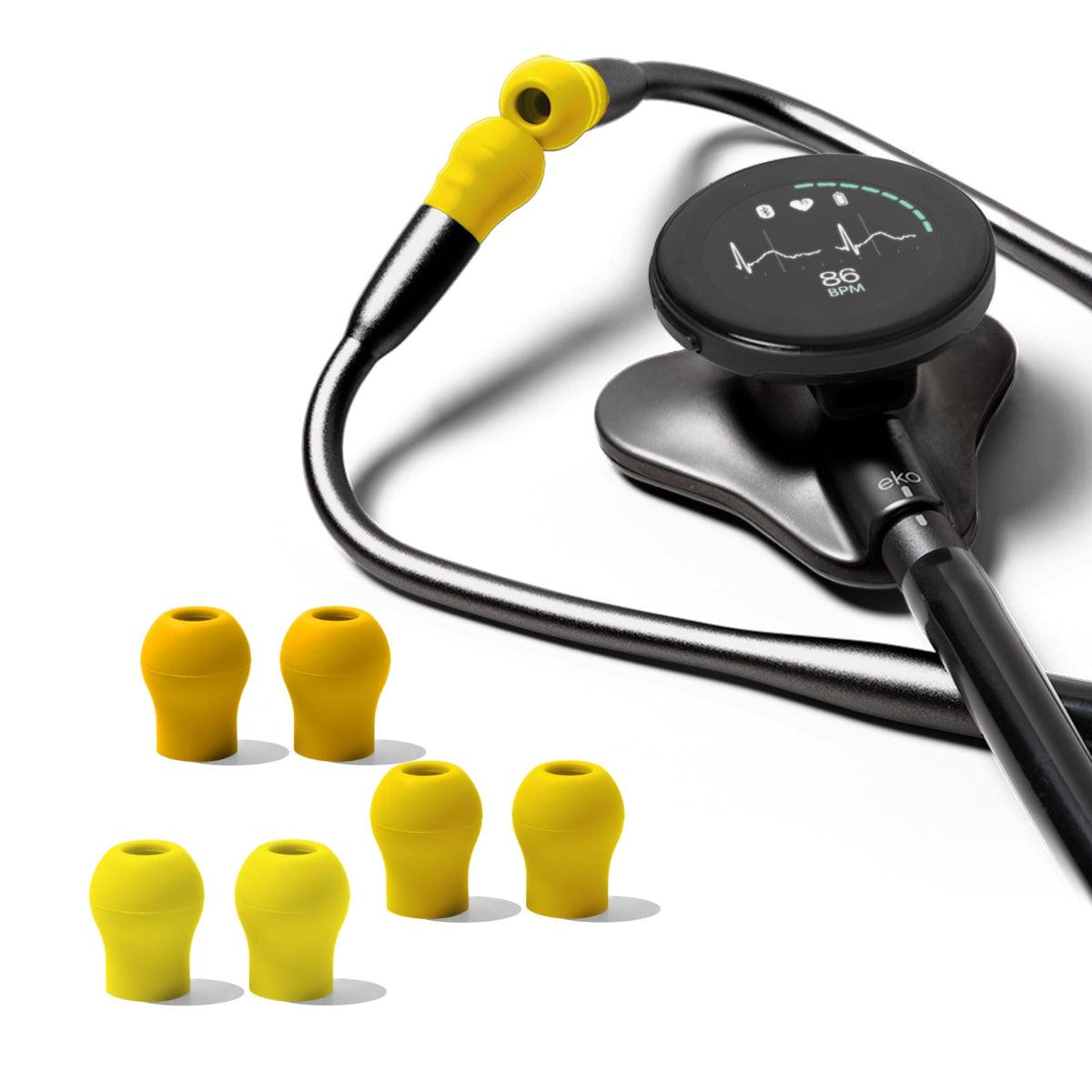 Eko CORE 500 Ear Tips – Solar Collection fitted to a black Eko CORE 500 Digital Stethoscope