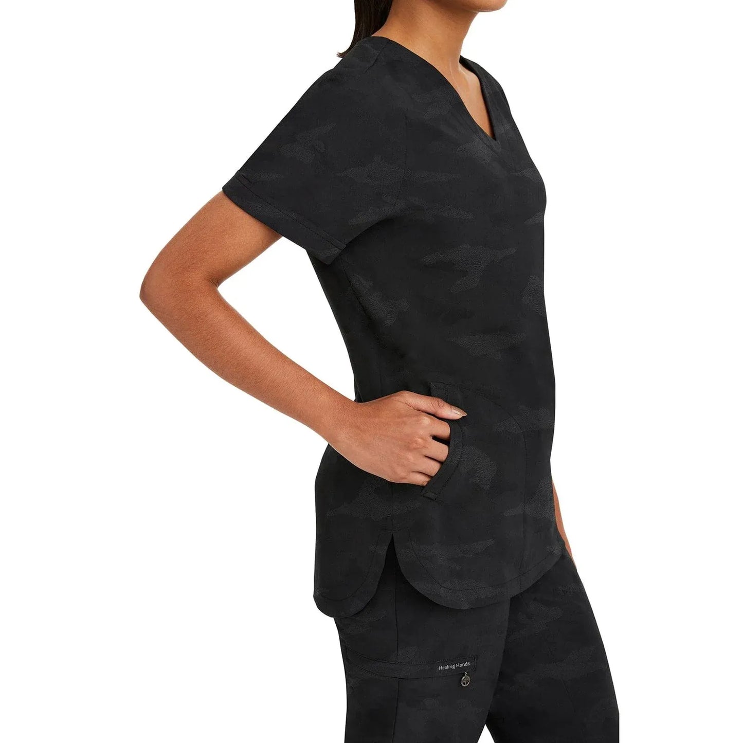 Healing Hands Purple Label Scrubs 2353 Joy Camo Top Women Black