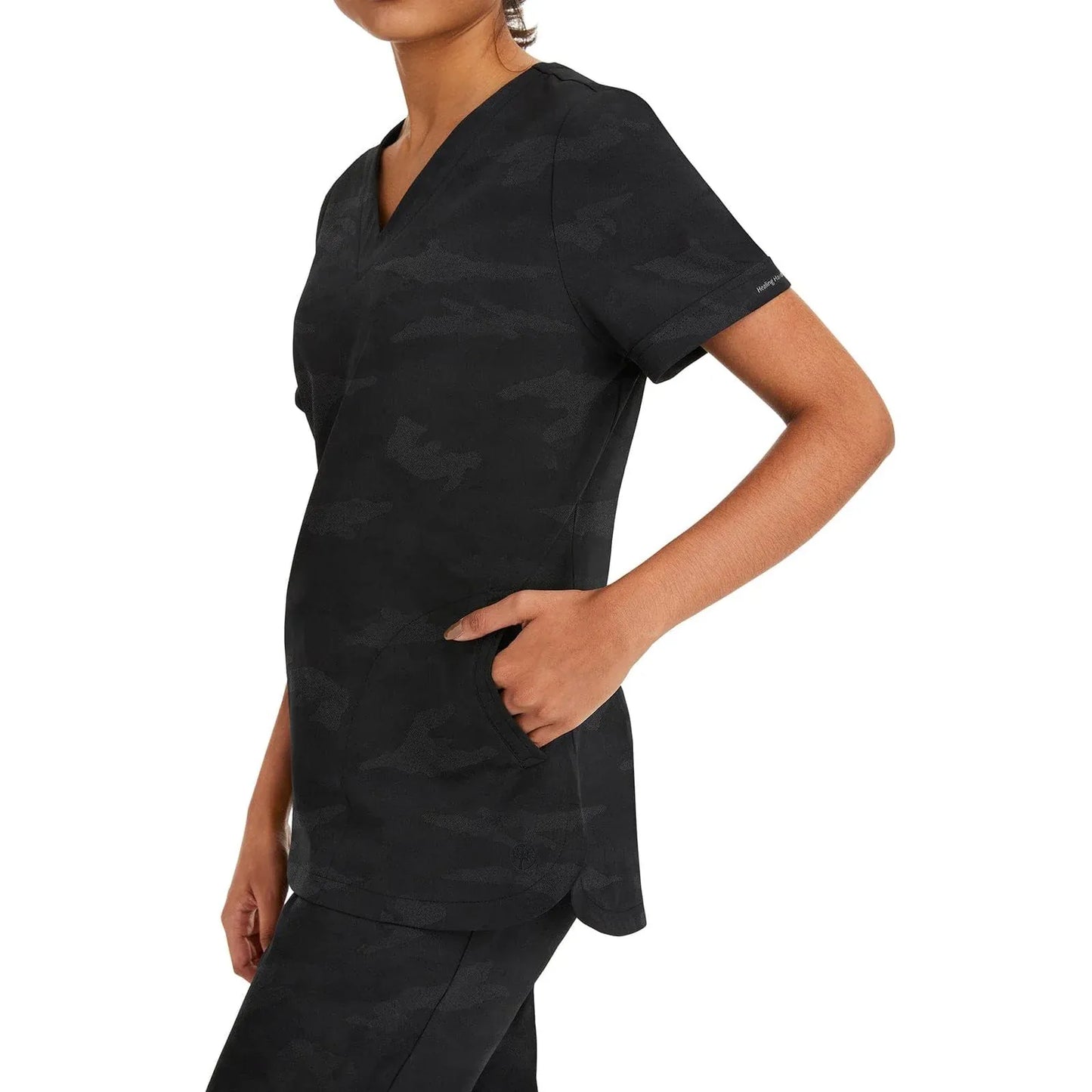Healing Hands Purple Label Scrubs 2353 Joy Camo Top Women Black