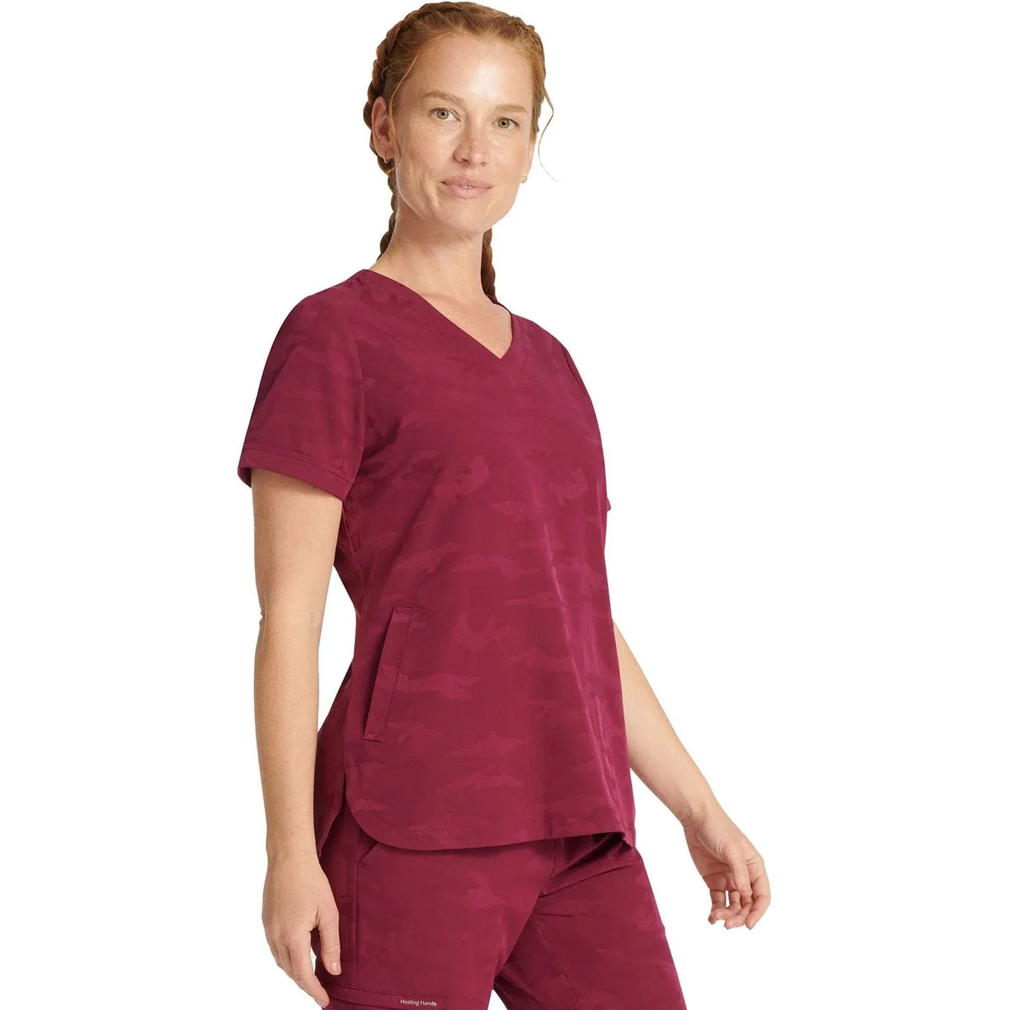 Healing Hands Purple Label Scrubs 2353 Joy Camo Top Women Wine