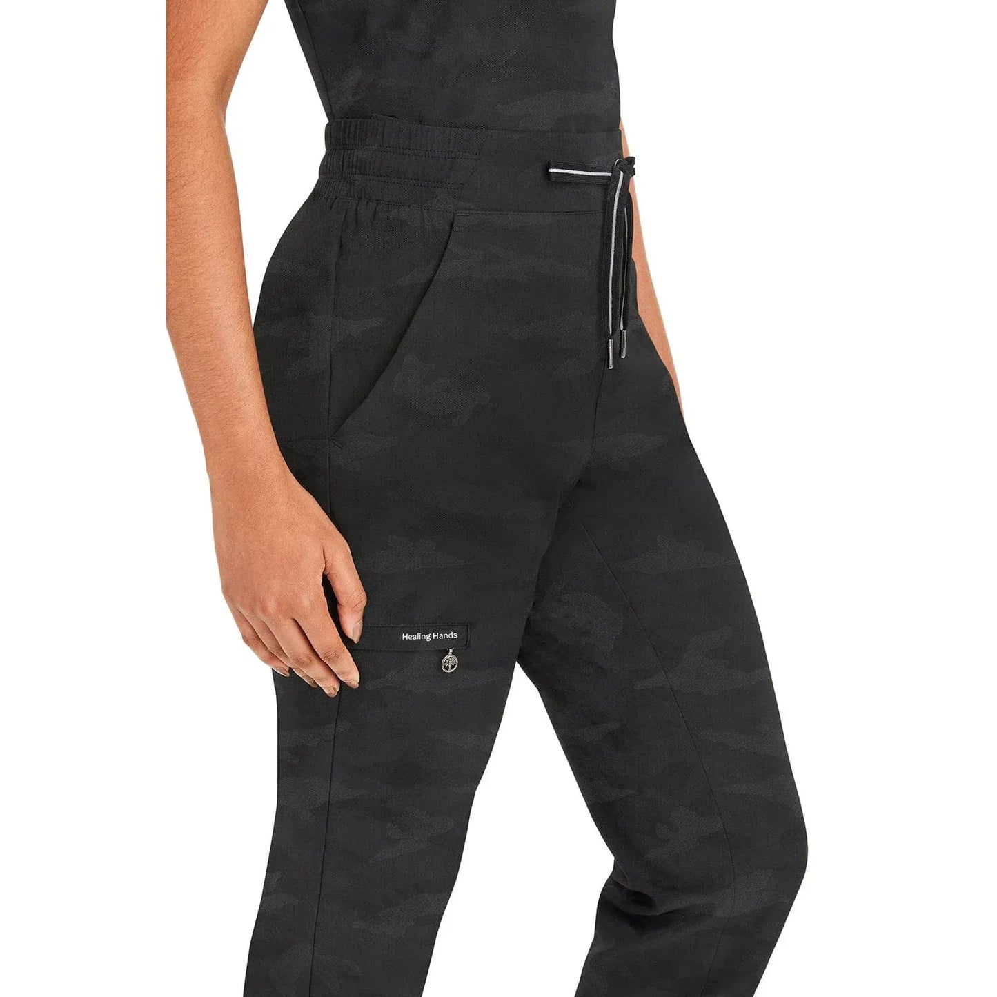 Healing Hands Purple Label Scrubs 9350 Tate Jogger Camo Pant Women Black