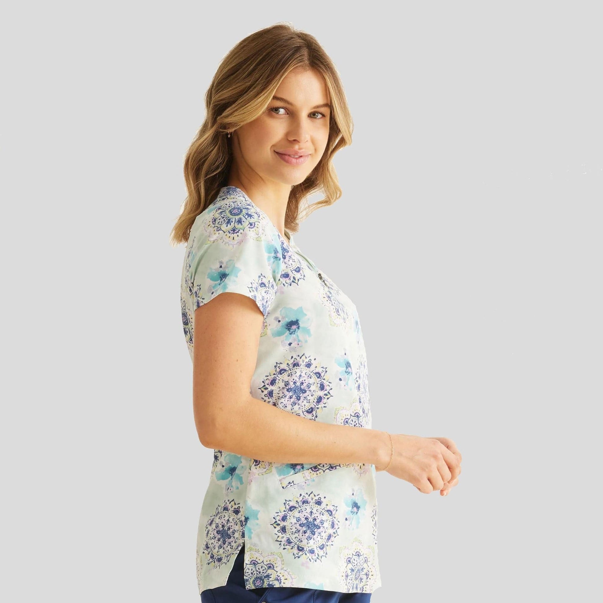 Ivy Water Color Medallion Print Top - Robert's Medical Uniforms