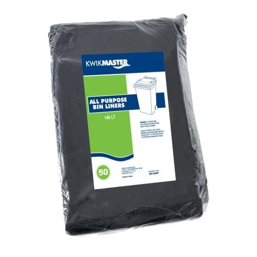 Kwikmaster Cleaning & Washroom Supplies Carton of 200 Kwikmaster Bin Liner All Purpose Flat Pack Black 120 to140L