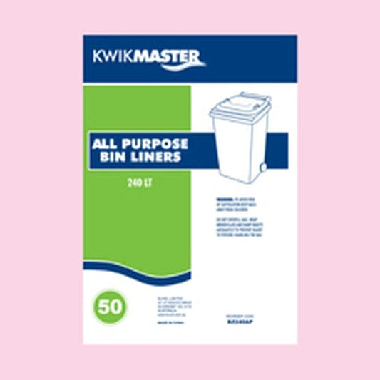 Kwikmaster Cleaning & Washroom Supplies Carton of 200 Kwikmaster Bin Liner All Purpose Flat Pack Black 240L