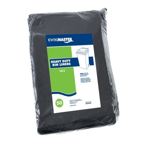 Kwikmaster Cleaning & Washroom Supplies Carton of 100 Kwikmaster Bin Liner Heavy Duty Flat Pack Black 240L