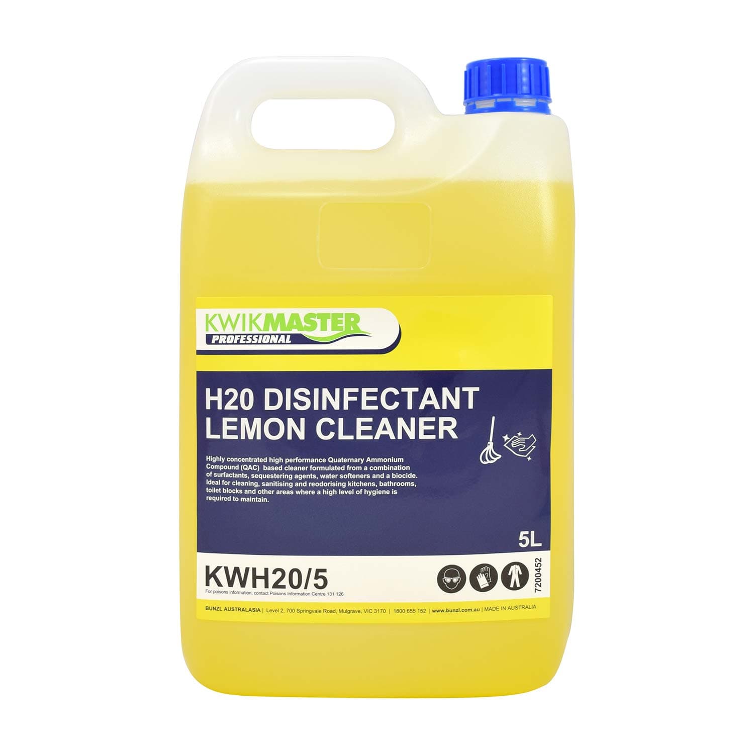 Kwikmaster Professional Cleaning & Washroom Supplies Each Kwikmaster H20 Disinfectant Lemon Cleaner 5L