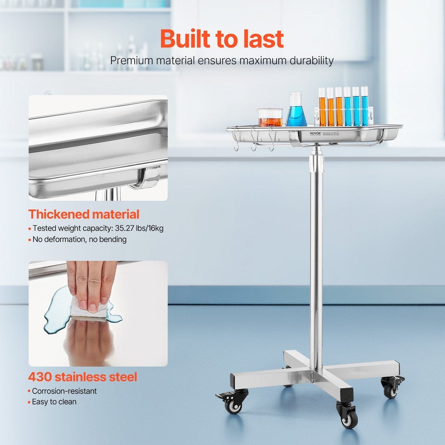 Mayo Stand, Stainless Steel Mayo Tray, Load Capacity up to 35 lbs, Adjustable Height 25.2"-39.8", Medical Tray on Wheels with Removable Tray for Spa, Salon, Clinic, Personal Care