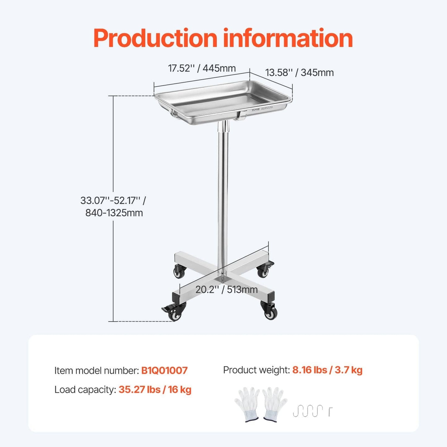 Mayo Stand, Stainless Steel Mayo Tray, Load Capacity up to 35 lbs, Adjustable Height 25.2"-39.8", Medical Tray on Wheels with Removable Tray for Spa, Salon, Clinic, Personal Care