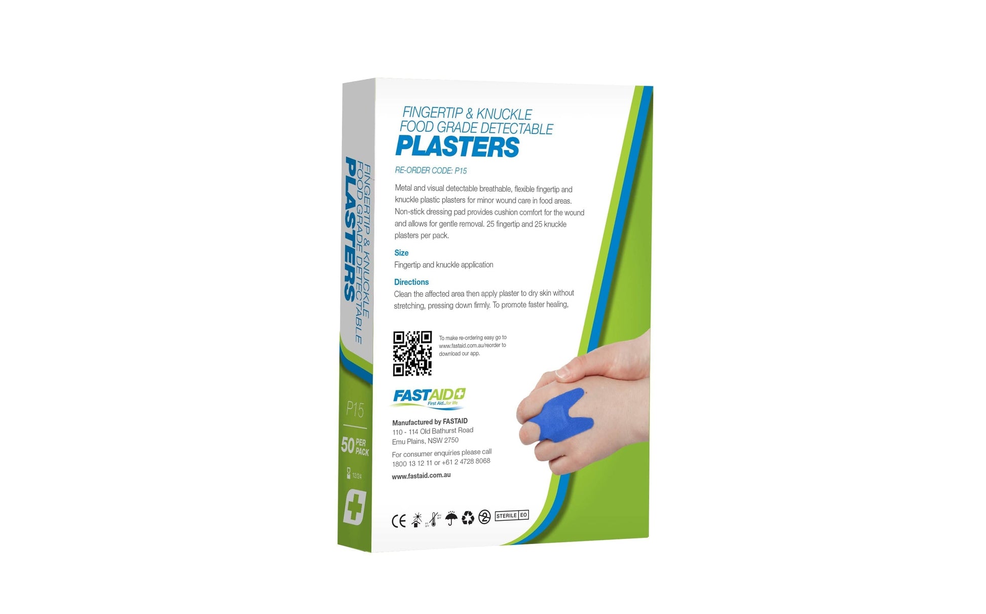 FastAid First Aid Consumables P15, Food Grade Plasters, Metal and Visual Detectable, Fingertip and Knuckle