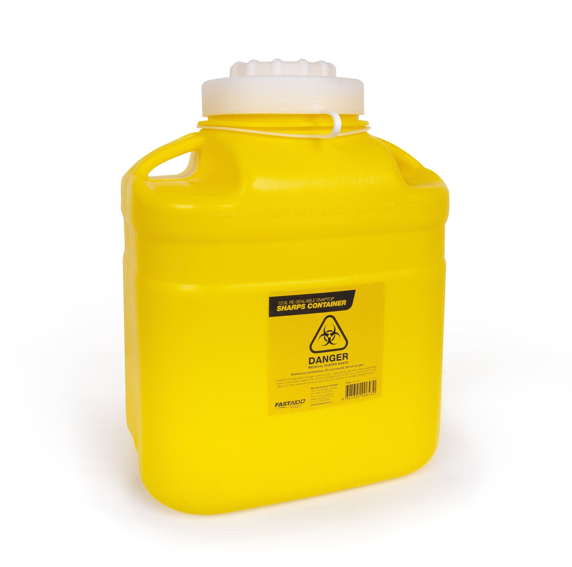 FastAid First Aid Equipment Plastic Sharps Container, 12L