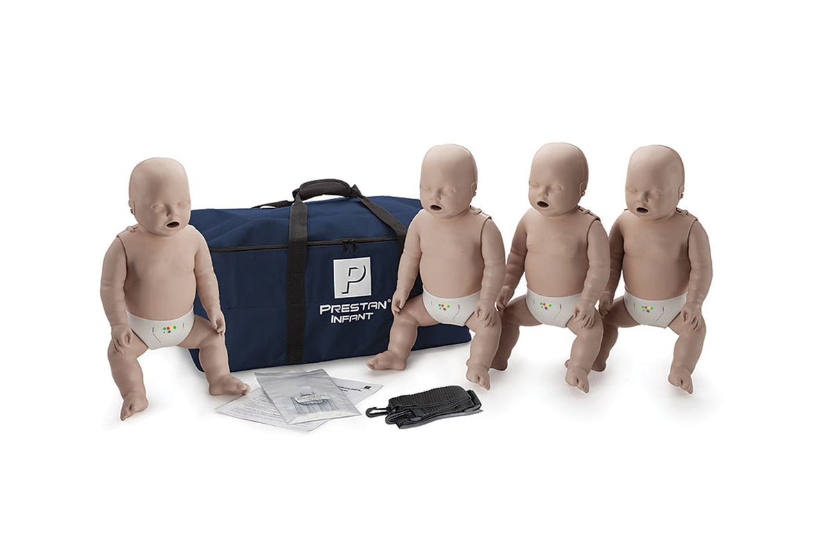 Prestan Professional Infant CPR-AED Training Manikins 4-Pack - with Blue CPR Monitor, 50 face-shield lung bags and a nylon carrying case