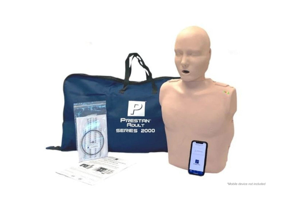 Prestan Professional Series 2000 Adult CPR Training Manikin - with Bluetooth Feedback App, 10 lung bags and a nylon carrying case