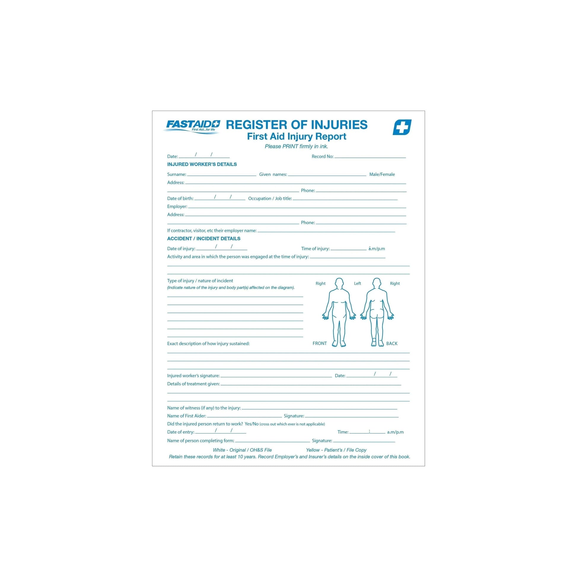 FastAid First Aid Consumables Register of Injuries Book