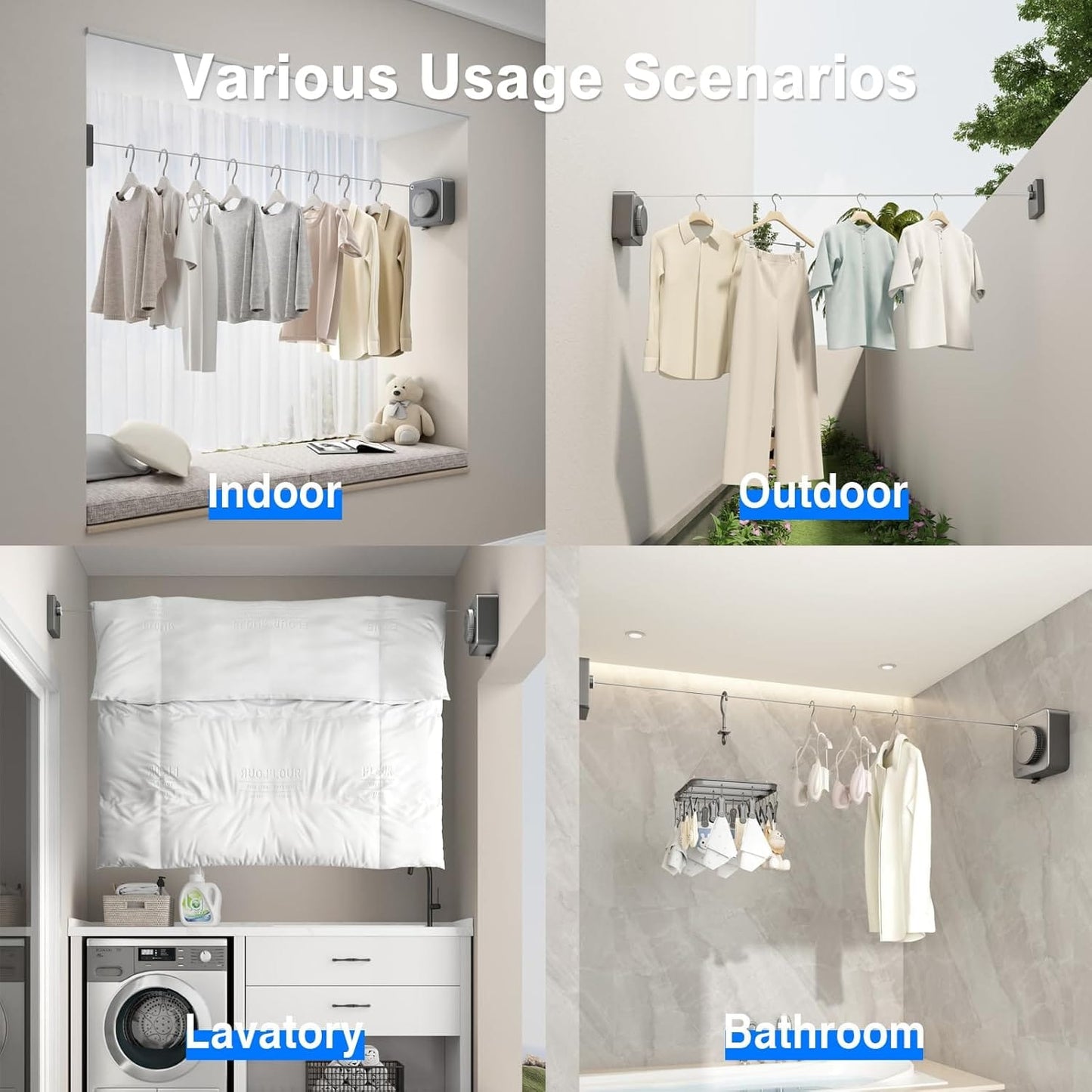 Retractable Clothesline Indoor, Non-Sagging Outdoor Clothes Line Retracting Heavy Duty Clothes Drying Laundry Line Wall Mounted Stainless Steel Line-15.1 Feets(Square-Gray)