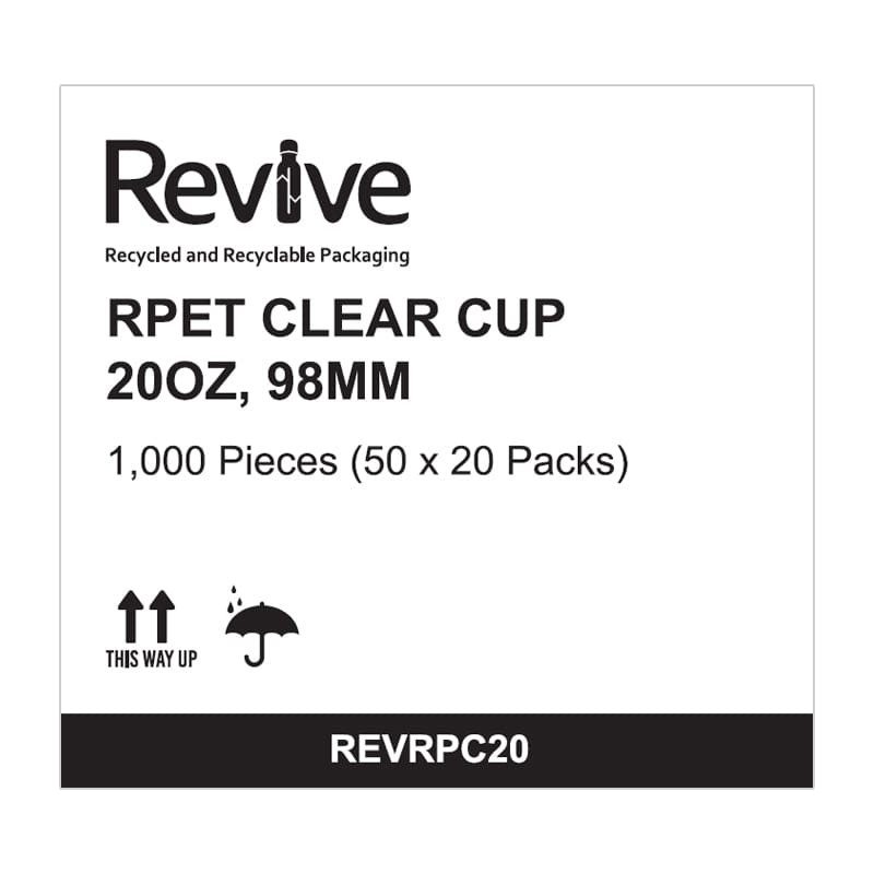 Revive Disposable Food Packaging Carton of 1000 Revive Cold Cup RPet Clear 20oz