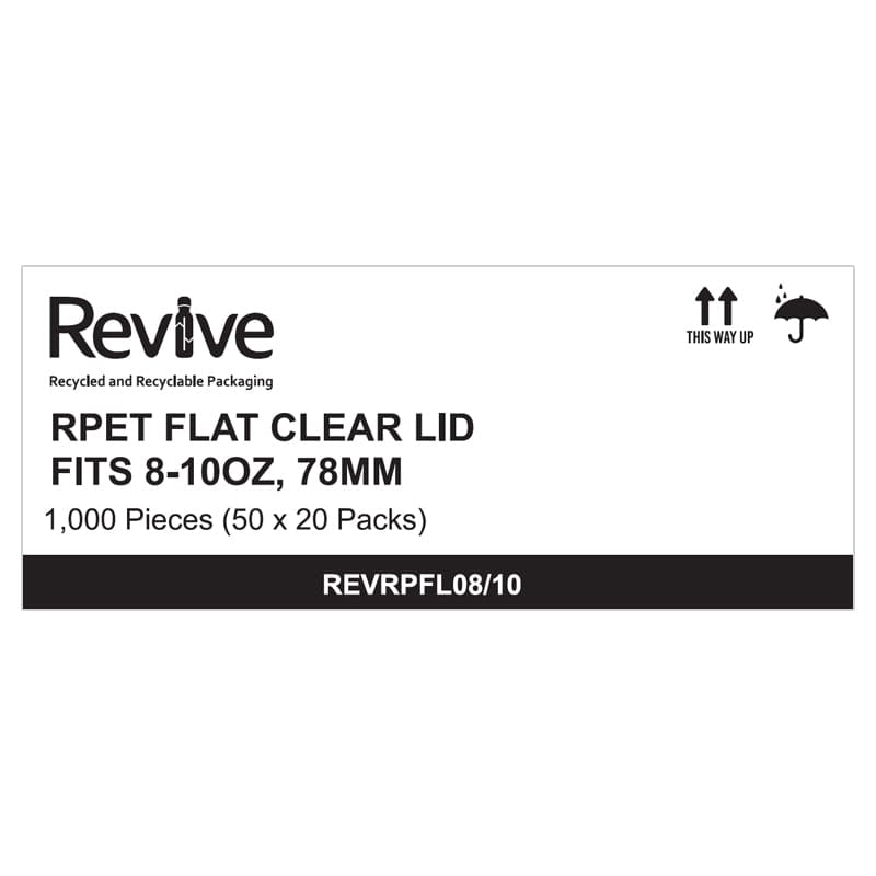Revive Disposable Food Packaging Carton of 1000 Revive Flat Lid RPET Clear Straw Slot 8/10oz