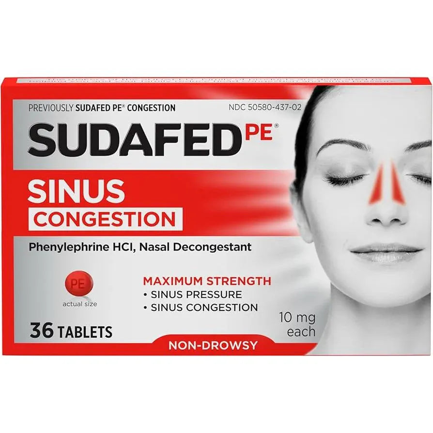 Sudafed Decongestants Sudafed PE Sinus Pressure   Pain Relief Maximum Strength Non-Drowsy Decongestant