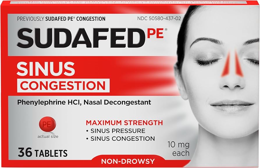 Sudafed Decongestants Sudafed PE Sinus Pressure   Pain Relief Maximum Strength Non-Drowsy Decongestant
