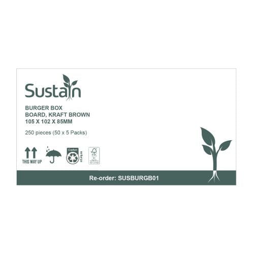 Sustain Disposable Food Packaging Carton of 250 Sustain Burger Box Brown