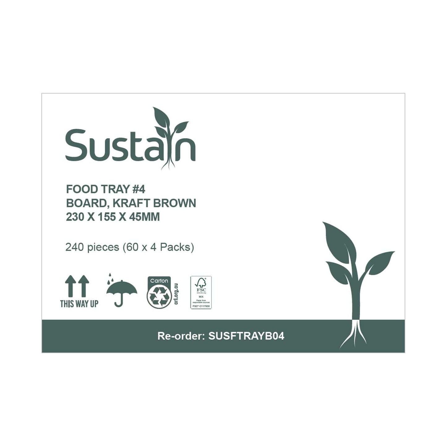 Sustain Disposable Food Packaging Carton of 240 Sustain Food Tray #4 Brown