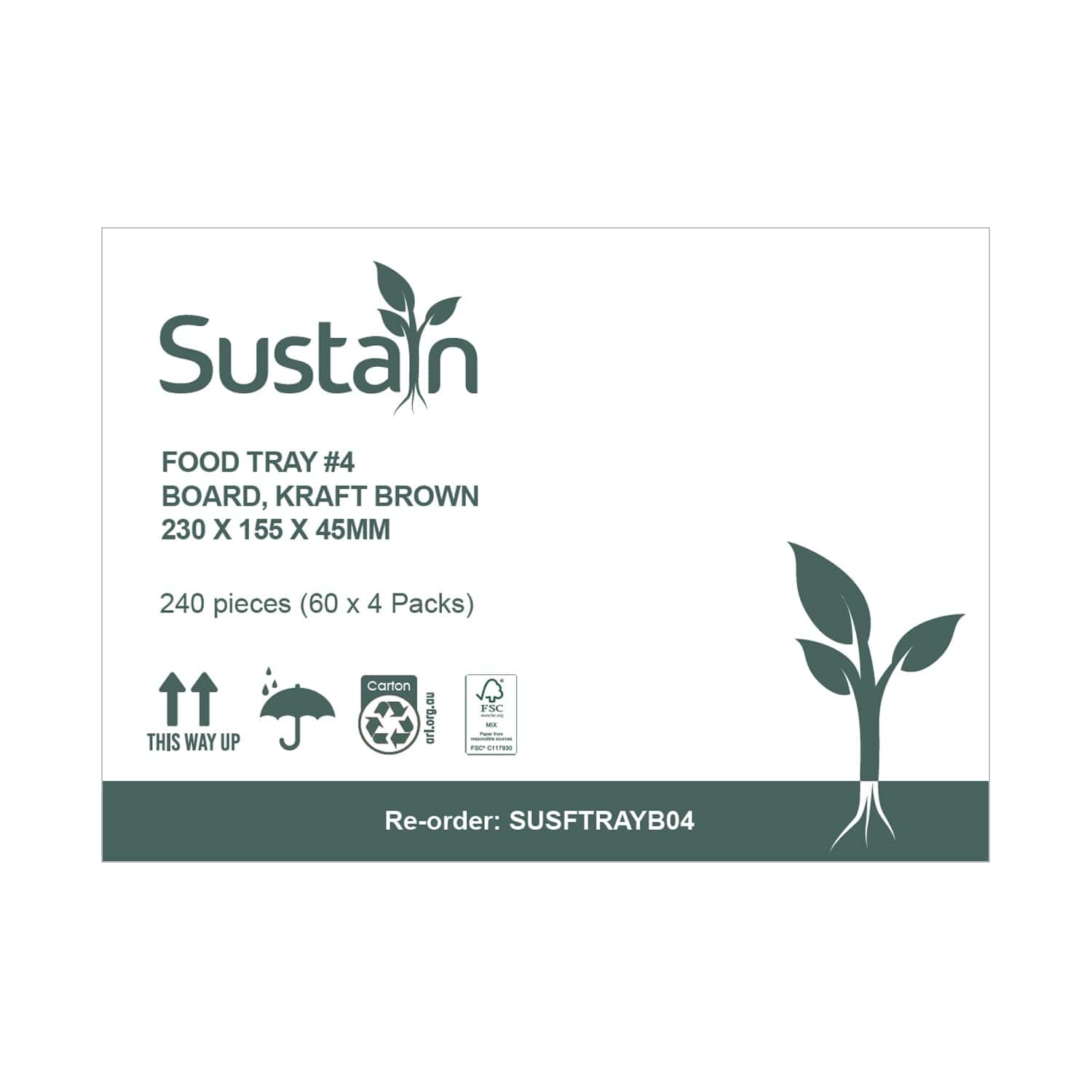 Sustain Disposable Food Packaging Carton of 240 Sustain Food Tray #4 Brown