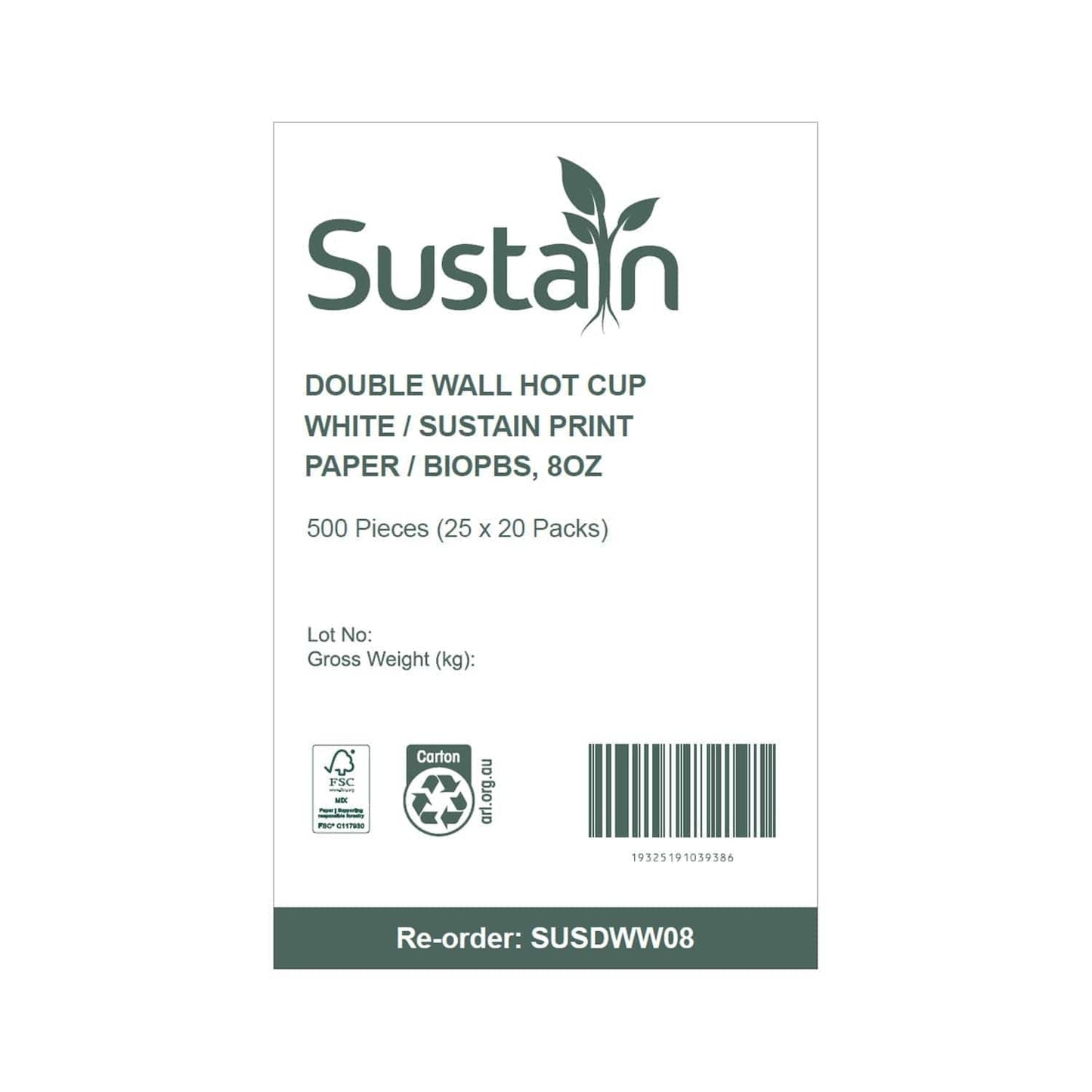 Sustain Disposable Food Packaging Carton of 500 Sustain Hot Cup Double Wall Paper/BioPBS White 8oz