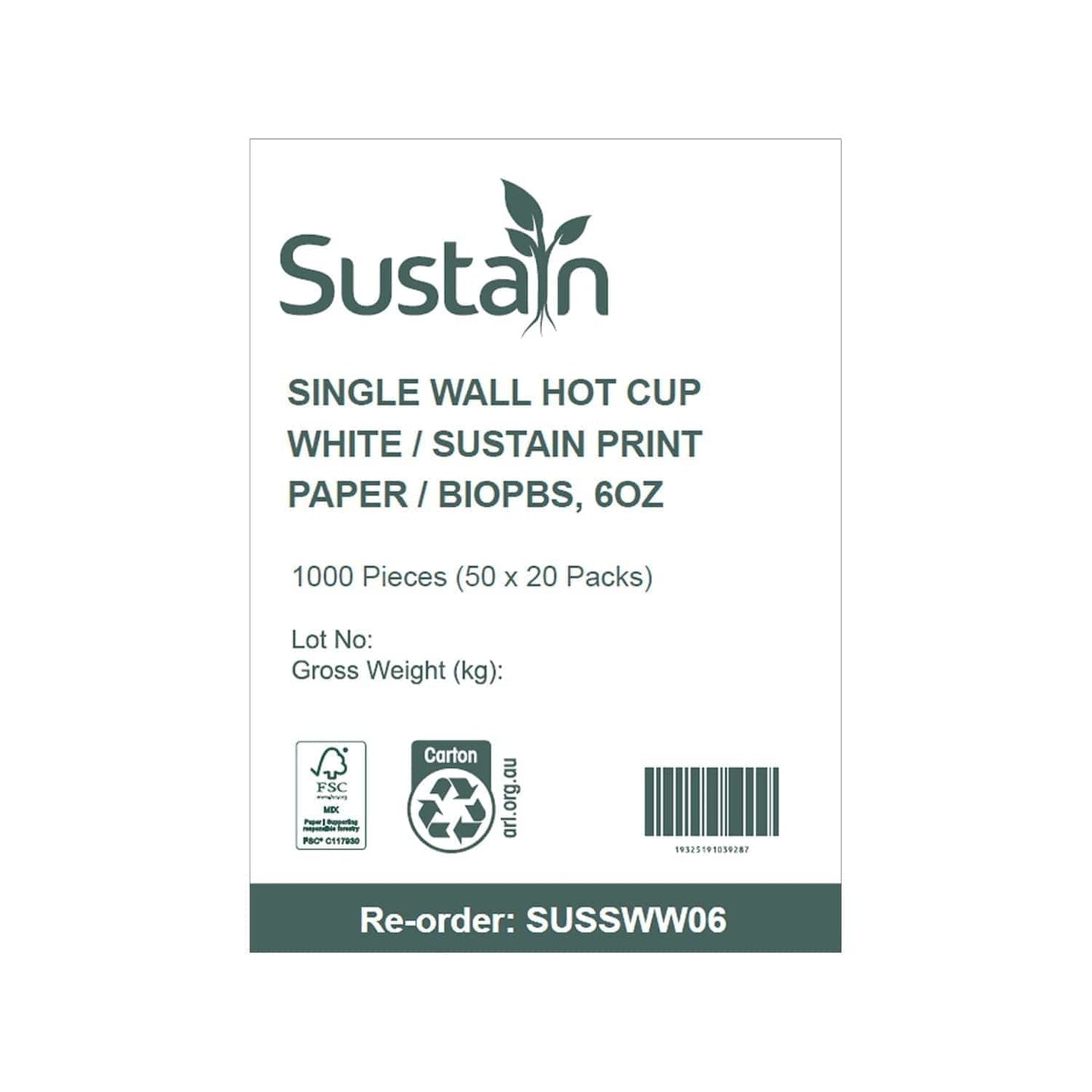 Sustain Disposable Food Packaging Carton of 1000 Sustain Hot Cup Single Wall Paper/BioPBS White 6oz