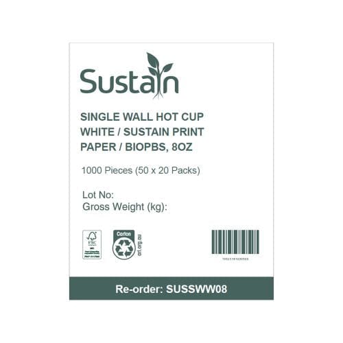 Sustain Disposable Food Packaging Carton of 1000 Sustain Hot Cup Single Wall Paper/BioPBS White 8oz