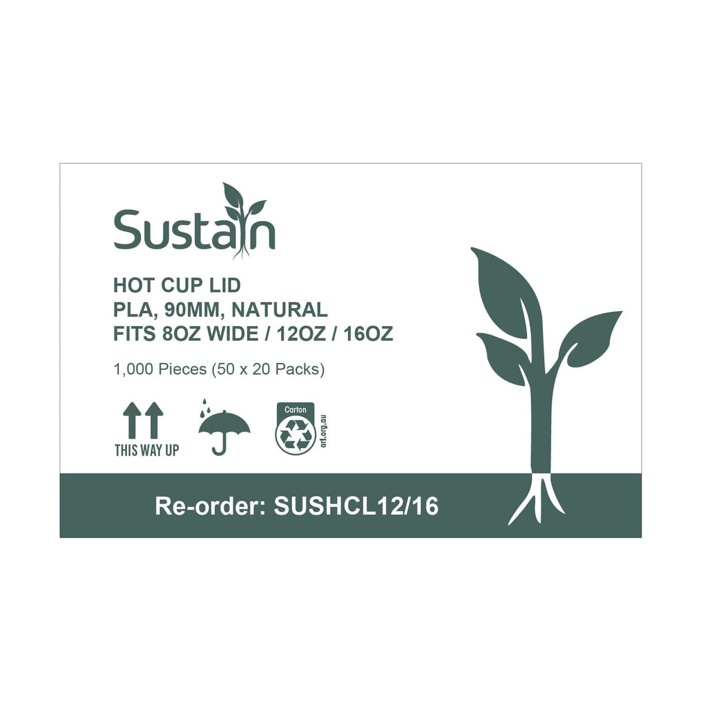 Sustain Disposable Packaging Sustain Lid Hot Cup PLA White 18W/12/16oz