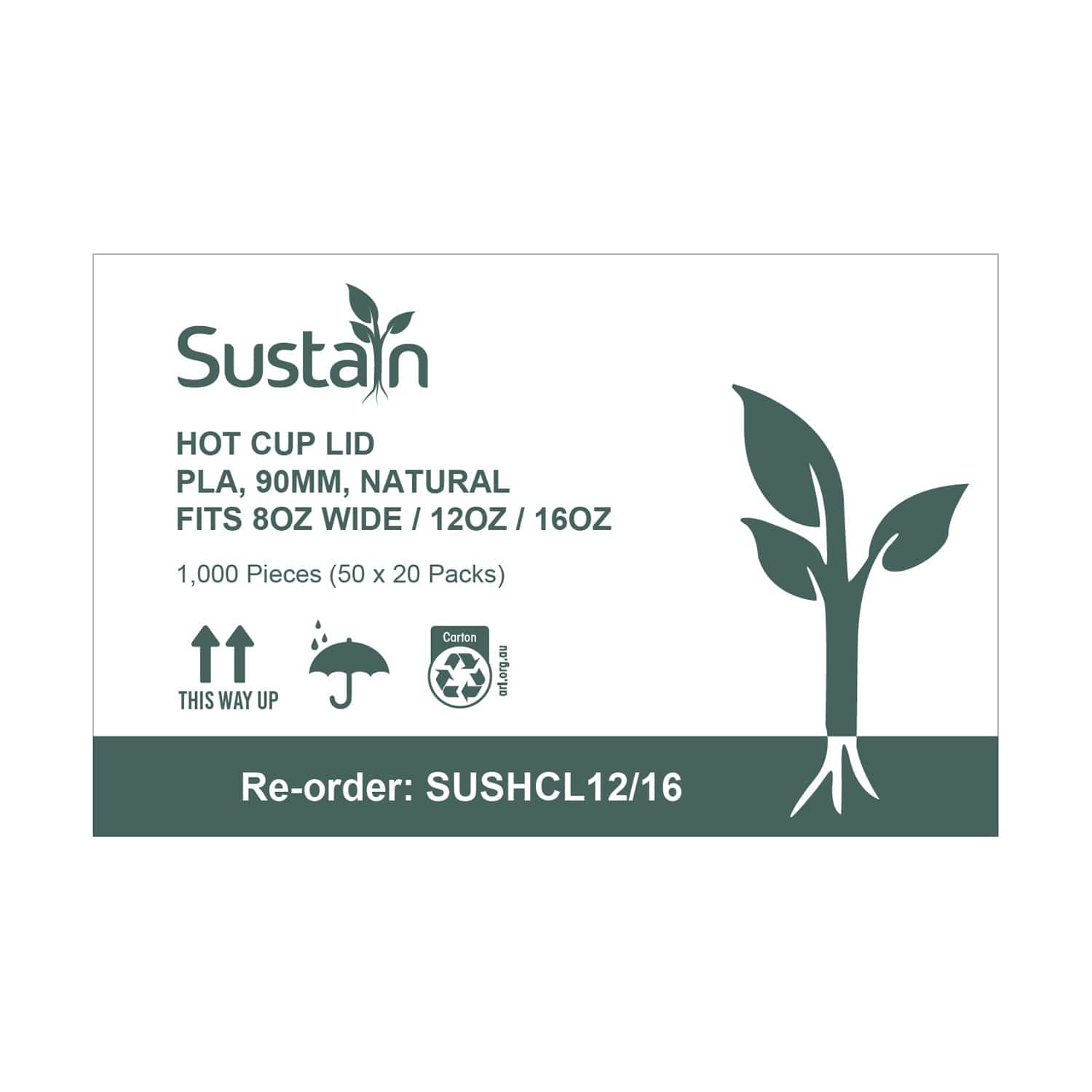 Sustain Disposable Packaging Sustain Lid Hot Cup PLA White 18W/12/16oz