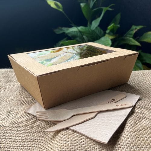 Sustain Disposable Food Packaging Carton of 200 Sustain Paper Lunch Box PLA Window Kraft Brown Large