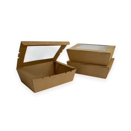 Sustain Disposable Food Packaging Carton of 200 Sustain Paper Lunch Box PLA Window Kraft Brown Large