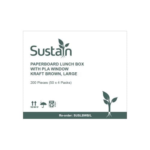 Sustain Disposable Food Packaging Carton of 200 Sustain Paper Lunch Box PLA Window Kraft Brown Large
