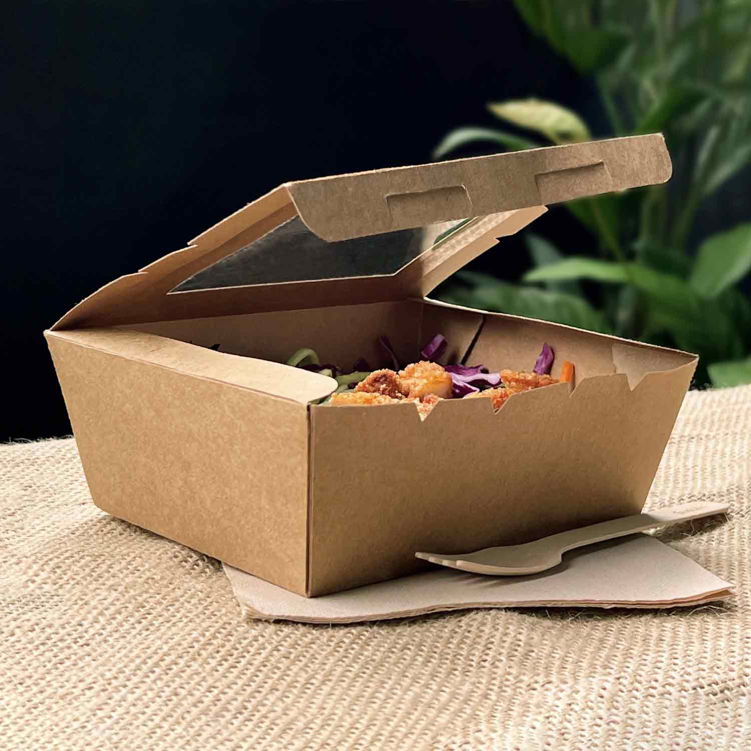 Sustain Disposable Food Packaging Carton of 200 Sustain Paper Lunch Box PLA Window Kraft Brown Medium
