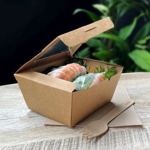 Sustain Disposable Food Packaging Carton of 200 Sustain Paper Lunch Box PLA Window Kraft Brown Small