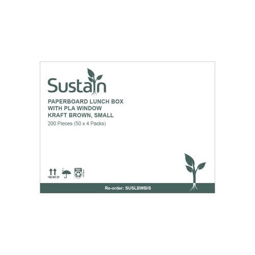 Sustain Disposable Food Packaging Carton of 200 Sustain Paper Lunch Box PLA Window Kraft Brown Small