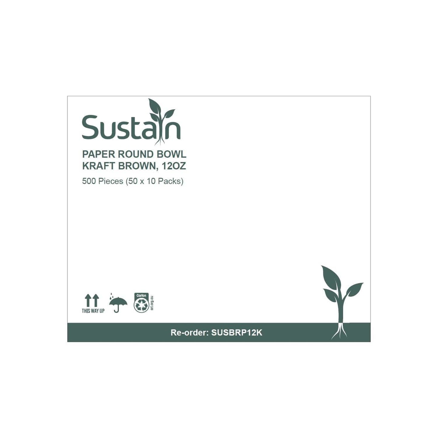 Sustain Disposable Food Packaging Carton of 500 Sustain Paper Round Bowl/Container Kraft Brown 12oz 115mm