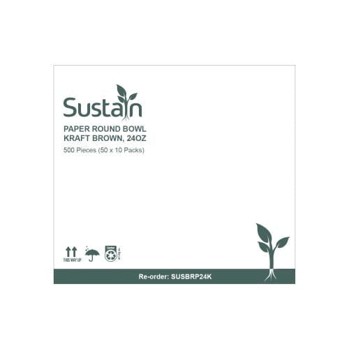 Sustain Disposable Food Packaging Carton of 500 Sustain Paper Round Bowl/Container Kraft Brown 24oz 115mm