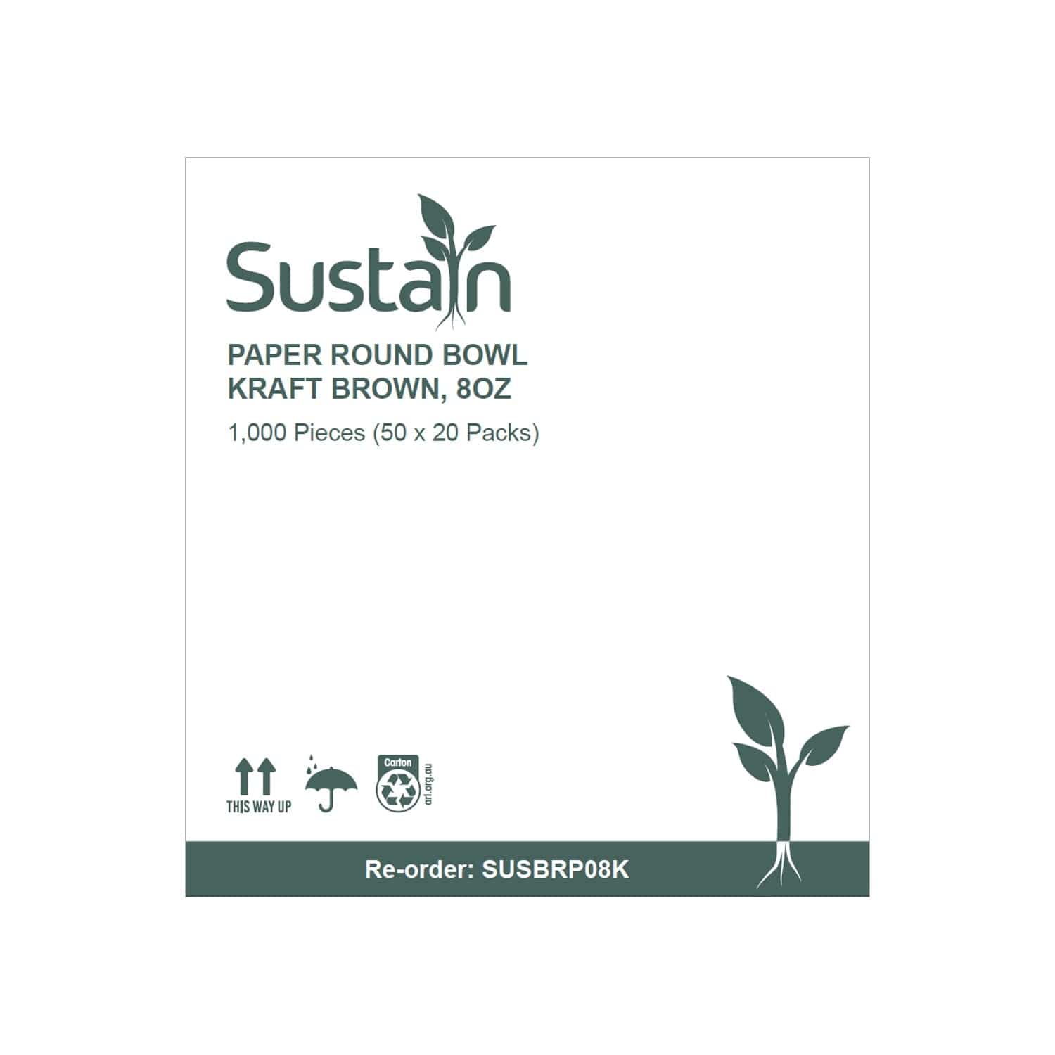 Sustain Disposable Food Packaging Carton of 1000 Sustain Paper Round Bowl/Container Kraft Brown 8oz 90mm
